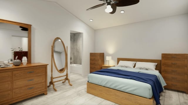 bedroom featuring ceiling fan, lofted ceiling, and light wood-type flooring