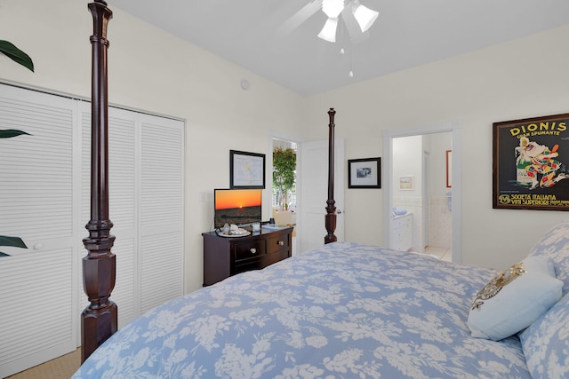 bedroom featuring connected bathroom and ceiling fan