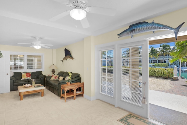 living room featuring ceiling fan