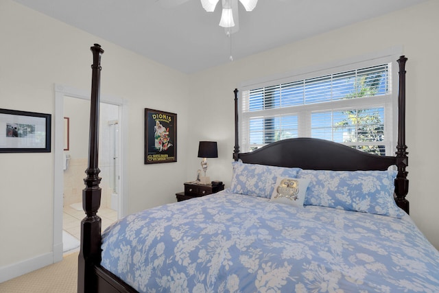 bedroom featuring ceiling fan and light carpet