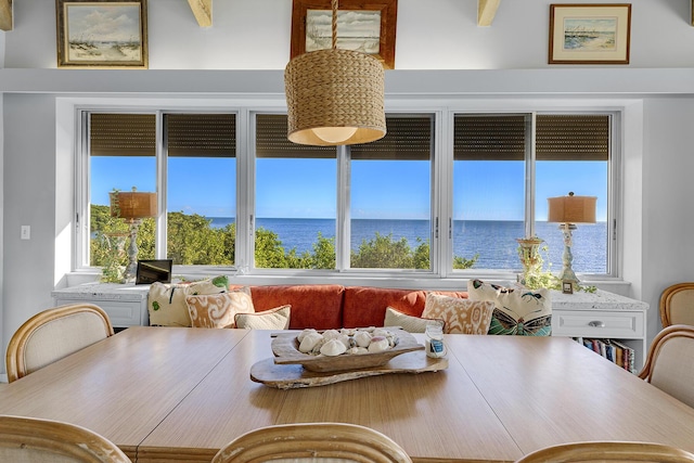 dining area with a water view