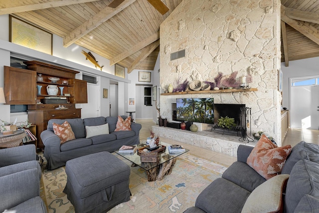 living room with wood ceiling, high vaulted ceiling, beamed ceiling, and visible vents