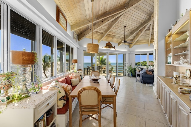 sunroom / solarium with wood ceiling, a water view, vaulted ceiling with beams, and ceiling fan