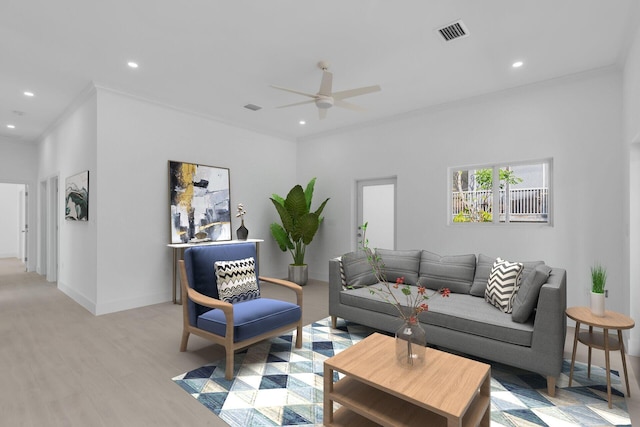 14 Tarpon Ave, Key Largo, FL 33037 - living room with a ceiling fan, light wood finished floors, recessed lighting, and ornamental molding