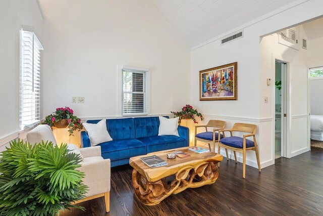 817 Terry Ln, Key West, FL 33040 - living room featuring high vaulted ceiling, dark wood-style flooring, and visible vents