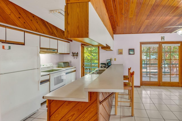 kitchen featuring sink, wood ceiling, white appliances, light tile patterned floors, and white cabinets