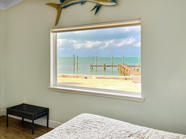 bedroom featuring wood-type flooring and a water view