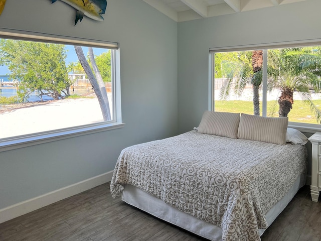 bedroom featuring beamed ceiling, dark hardwood / wood-style floors, and multiple windows