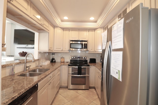 12400 Overseas Hwy Unit 9, Marathon, FL 33050 - kitchen with a sink, a tray ceiling, appliances with stainless steel finishes, and ornamental molding
