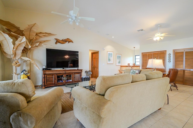 564 Sombrero Beach Rd, Marathon, FL 33050 - living area featuring ceiling fan, light tile patterned floors, and vaulted ceiling