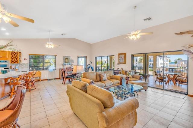 564 Sombrero Beach Rd, Marathon, FL 33050 - living area featuring a ceiling fan, light tile patterned flooring, recessed lighting, and high vaulted ceiling