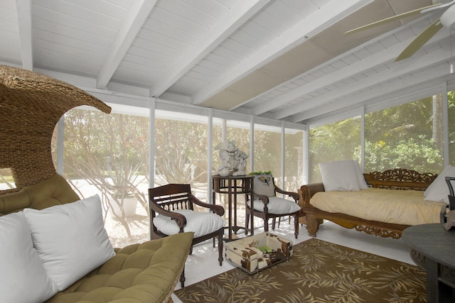 128 E Ridge Rd, Islamorada, FL 33036 - sunroom featuring ceiling fan, an outdoor hangout area, beamed ceiling, and plenty of natural light