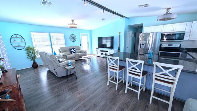 22961 John Avery Ln, Cudjoe, FL 33042 - living area with track lighting, vaulted ceiling, dark wood-style floors, and baseboards