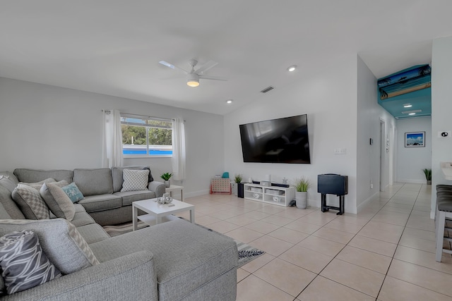 939 Plantation Rd, Key Largo, FL 33037 - living room featuring a ceiling fan, light tile patterned flooring, vaulted ceiling, and recessed lighting