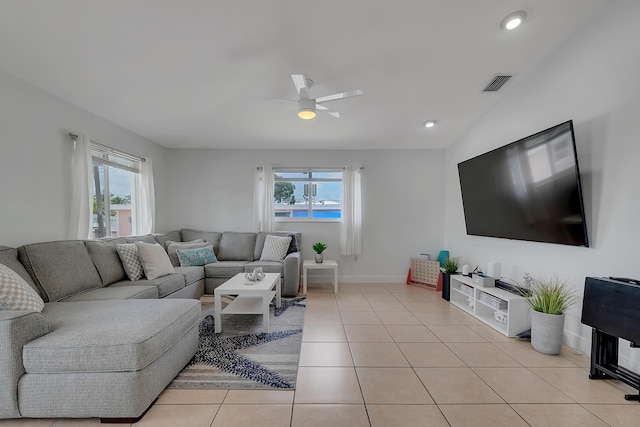 939 Plantation Rd, Key Largo, FL 33037 - living area with a ceiling fan, light tile patterned floors, and recessed lighting