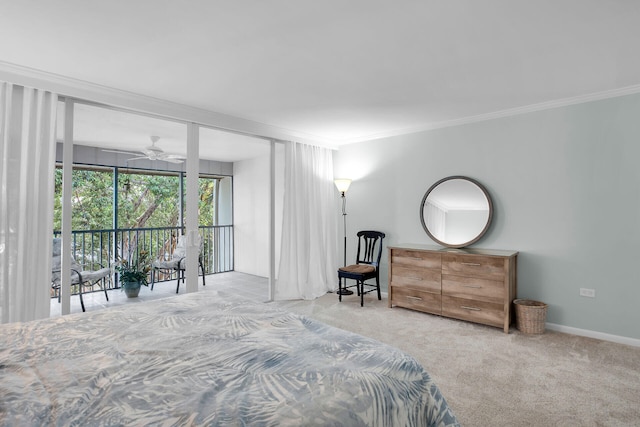 carpeted bedroom with crown molding and access to exterior