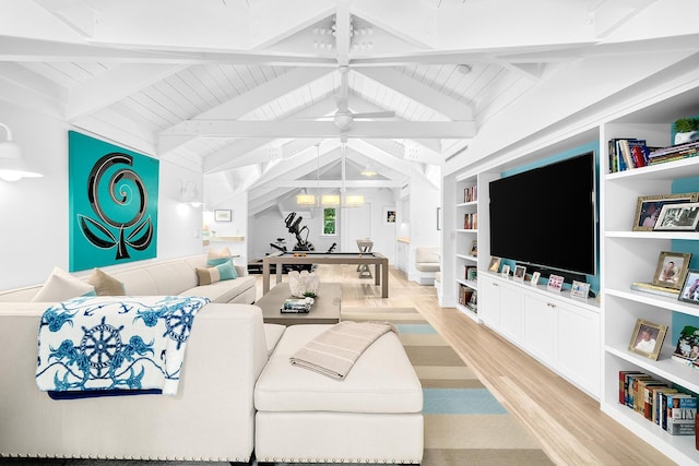 living room featuring built in features, wood ceiling, light hardwood / wood-style flooring, and lofted ceiling with beams