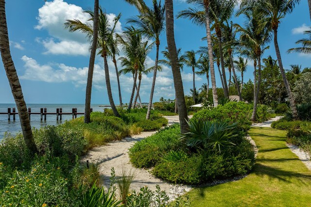 view of community featuring a water view and a lawn