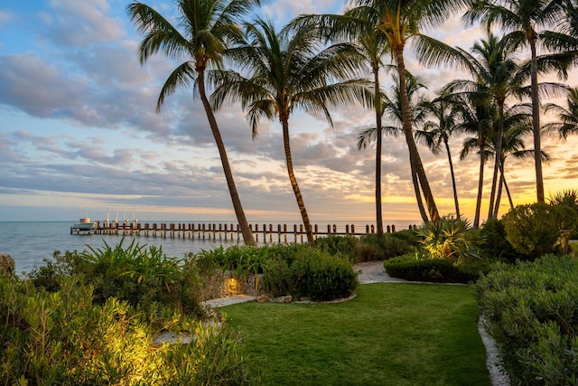 yard at dusk with a dock and a water view