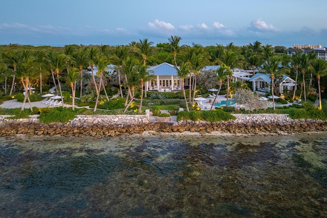 bird's eye view with a water view