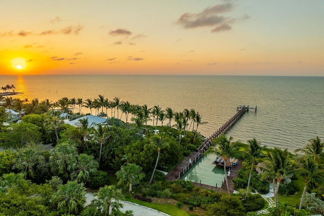 aerial view at dusk with a water view