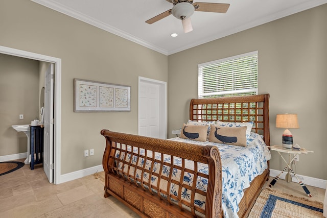 bedroom featuring crown molding, recessed lighting, baseboards, and ceiling fan