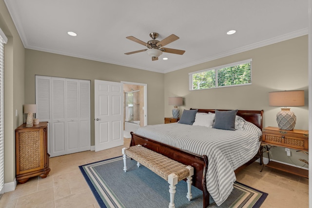 bedroom featuring crown molding, baseboards, recessed lighting, a closet, and a ceiling fan