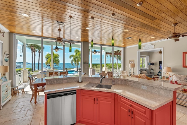 kitchen featuring a sink, stainless steel dishwasher, open floor plan, and wooden ceiling