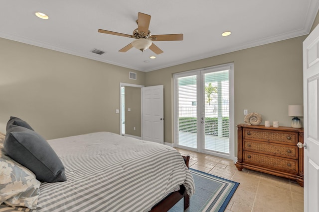 bedroom featuring access to exterior, visible vents, french doors, and ornamental molding