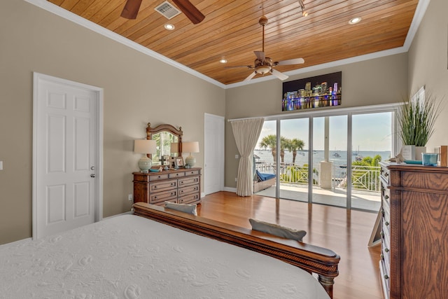 bedroom featuring visible vents, crown molding, recessed lighting, wooden ceiling, and access to outside