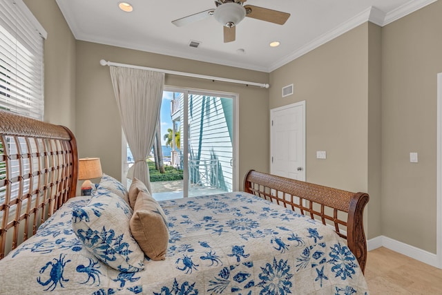 tiled bedroom with access to exterior, baseboards, visible vents, and ornamental molding