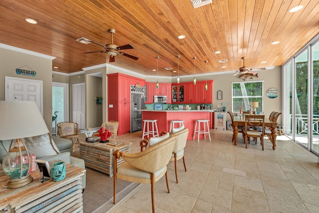 dining area featuring stone tile floors, recessed lighting, wooden ceiling, and crown molding