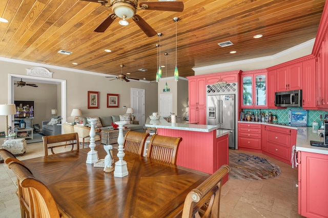 dining area featuring wooden ceiling, recessed lighting, crown molding, and visible vents