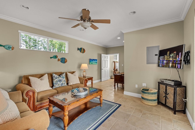 living room featuring recessed lighting, ceiling fan, crown molding, and baseboards