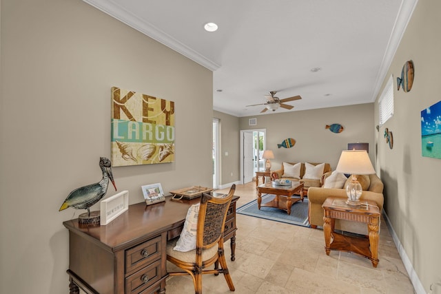 office area featuring visible vents, ceiling fan, baseboards, ornamental molding, and recessed lighting