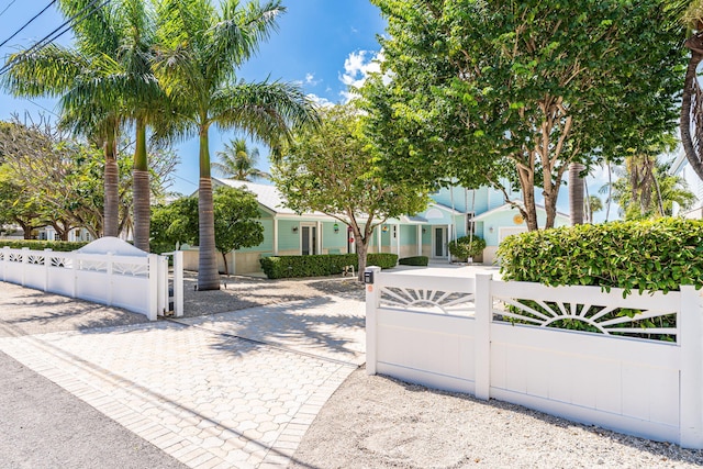 view of property hidden behind natural elements with a fenced front yard and a gate