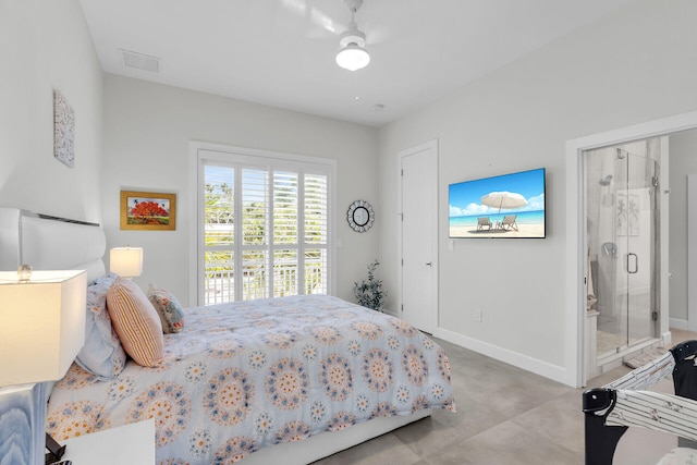 bedroom with ceiling fan, connected bathroom, and baseboards