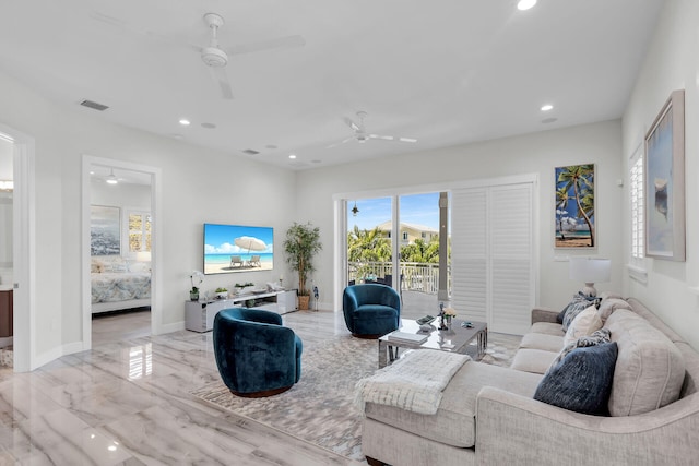 living area featuring recessed lighting, visible vents, ceiling fan, and baseboards