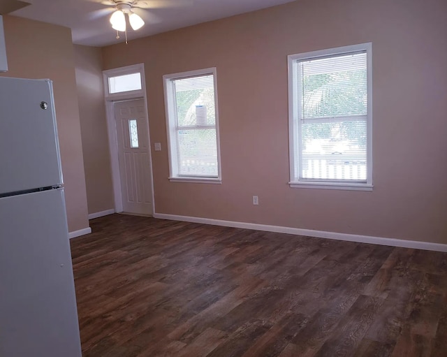 interior space featuring a healthy amount of sunlight, baseboards, a ceiling fan, and dark wood finished floors