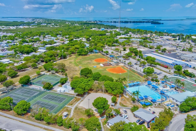 drone / aerial view with a water view
