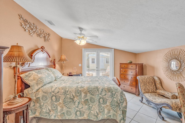 tiled bedroom with french doors, access to exterior, visible vents, ceiling fan, and vaulted ceiling