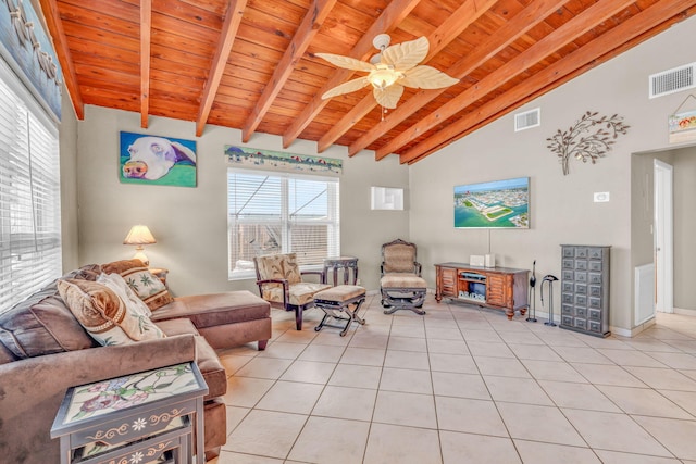 living room with wooden ceiling, light tile patterned floors, visible vents, and vaulted ceiling with beams