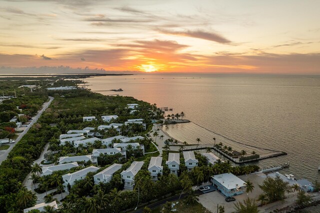 aerial view at dusk with a water view