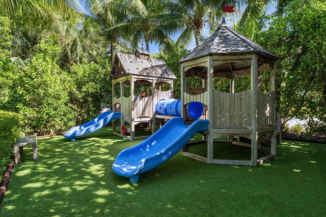 view of jungle gym with a yard