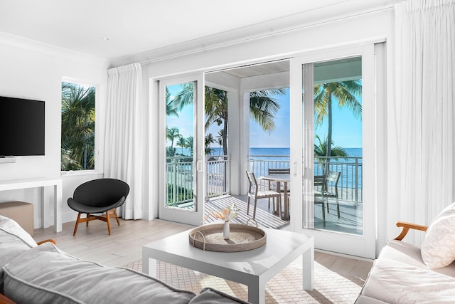 living room featuring ornamental molding, a water view, and light hardwood / wood-style flooring