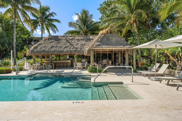 view of pool featuring a bar and a patio area