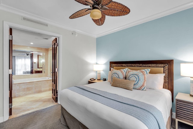 bedroom featuring connected bathroom, tile patterned floors, ornamental molding, and ceiling fan