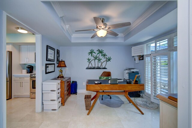 8302 Marina Villas Dr Unit 8302, Duck, FL 33050 - home office with ceiling fan, ornamental molding, a tray ceiling, and light tile patterned floors