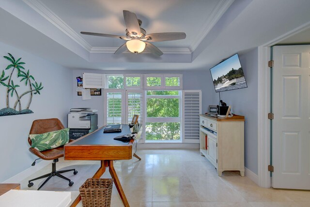 8302 Marina Villas Dr Unit 8302, Duck, FL 33050 - office with ornamental molding, a raised ceiling, ceiling fan, and light tile patterned flooring