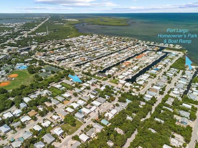 drone / aerial view featuring a water view
